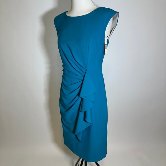 NWT New Directions Turquoise Faux Wrap Gather Sleeveless Sheath Dress Womens 6 - Picture 6 of 13